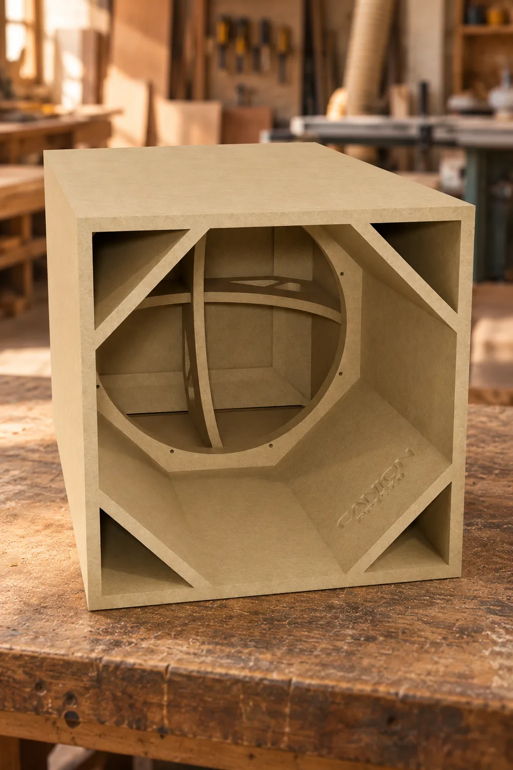 Caixa acústica Canion modelo PP1570 em MDF na oficina