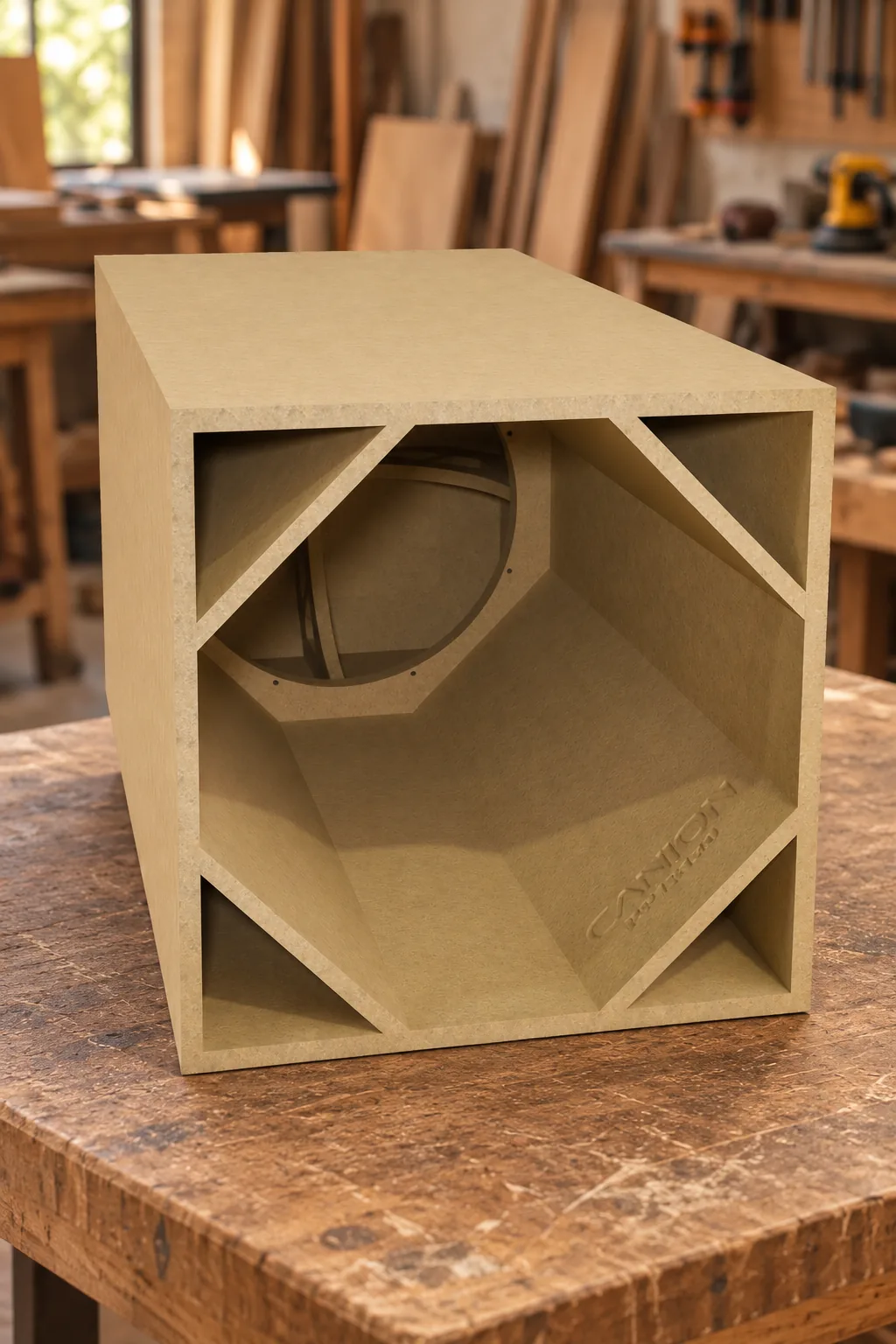 Caixa acústica Canion modelo PP18120 em MDF na oficina